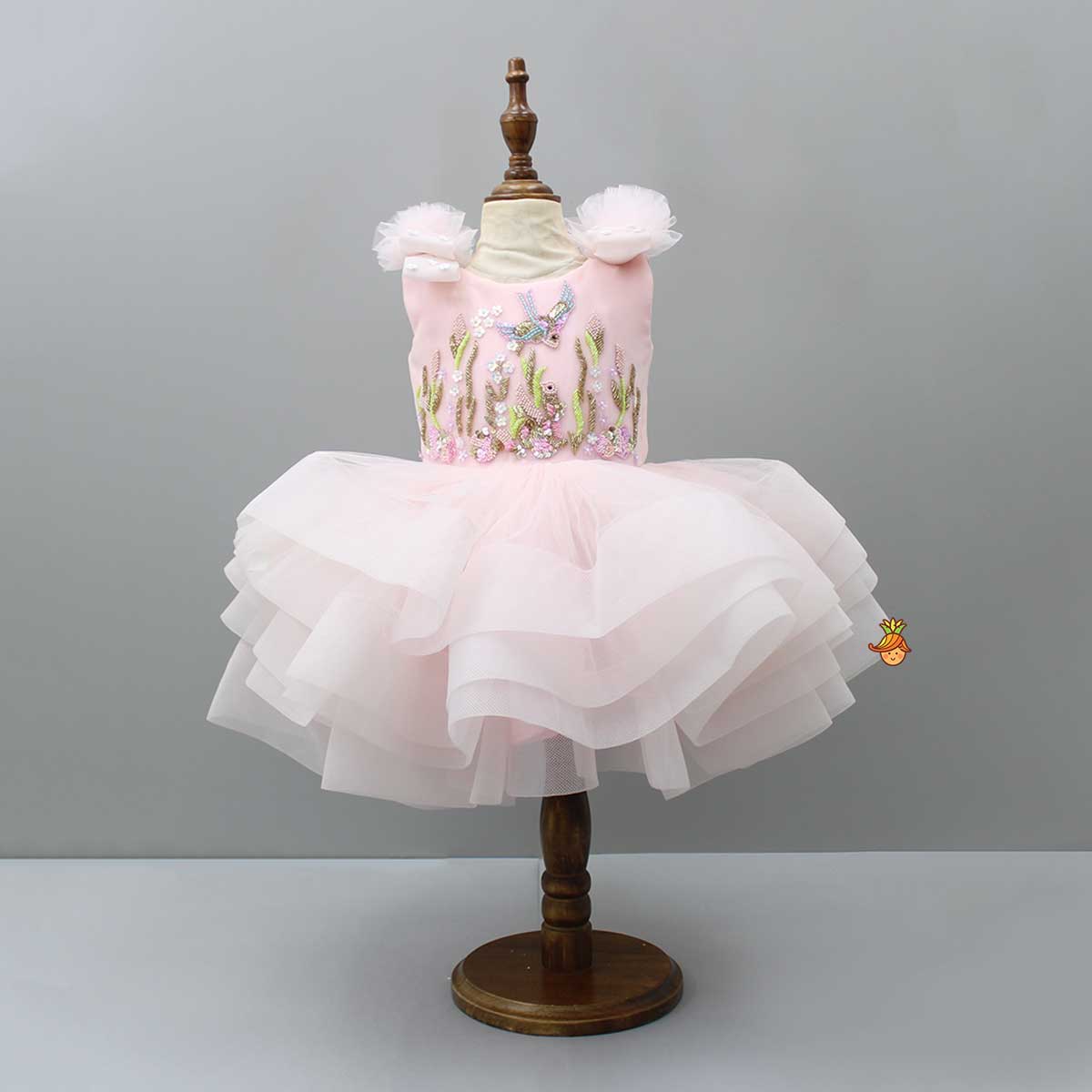 Embroidered Pink Ruffle Dress With Bowie Head Band