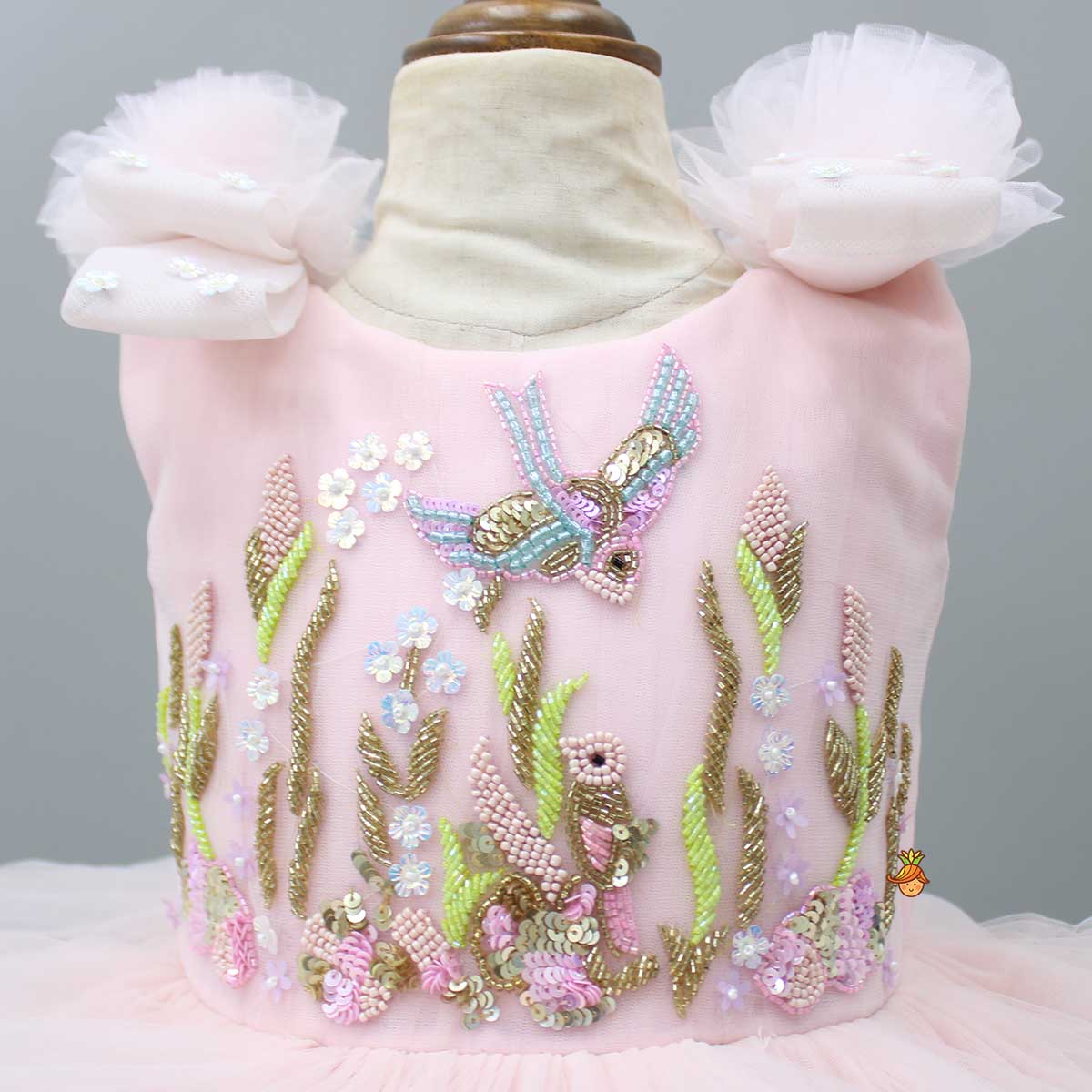 Embroidered Pink Ruffle Dress With Bowie Head Band