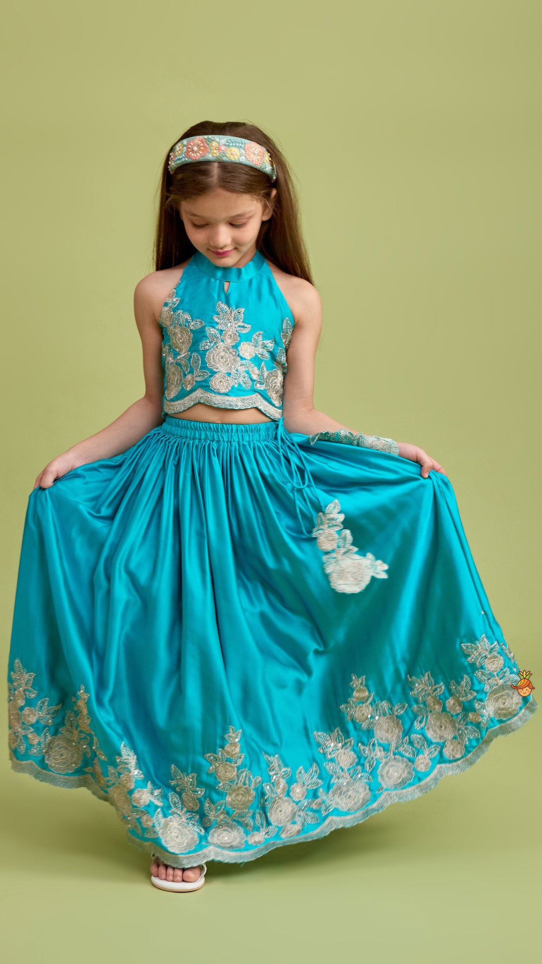 Pre Order: Halter Neck Embroidered Top With Embroidered Lehenga