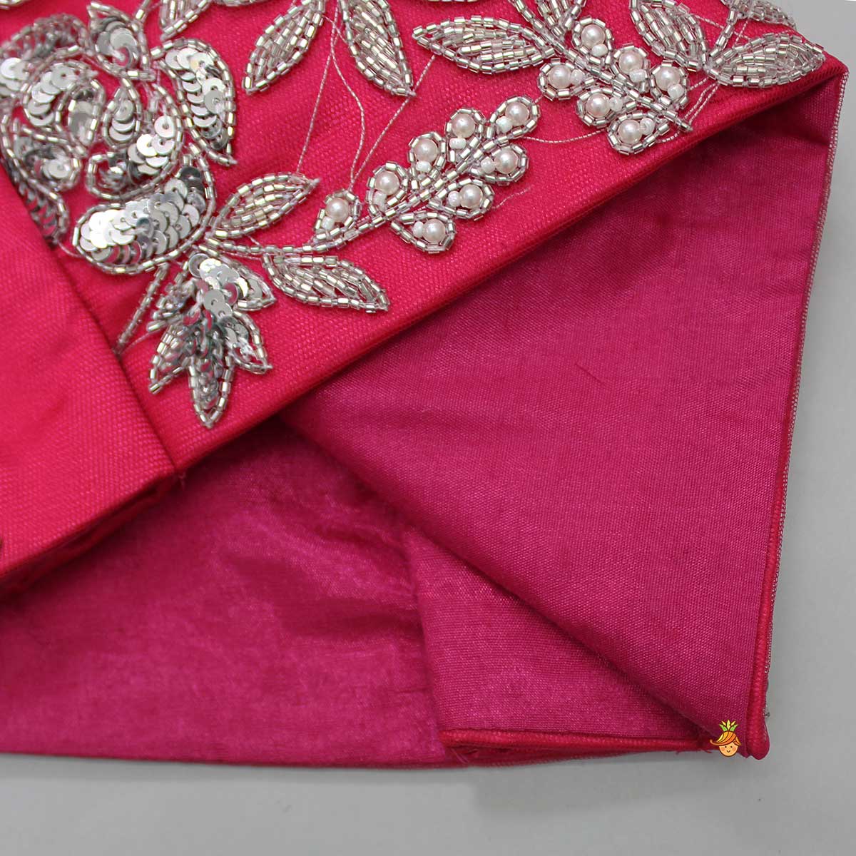 Pre Order: Pink Embroidered Crop Top And Net Layered Lehenga