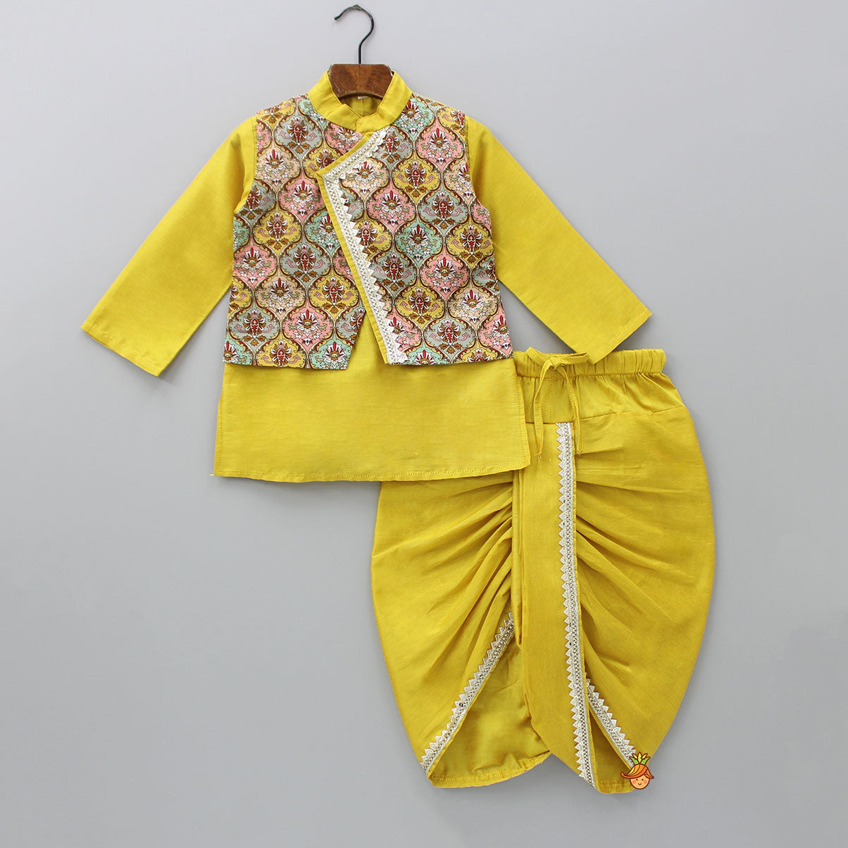 Pre Order: Mustard Kurta With Printed Flap Attached And Dhoti