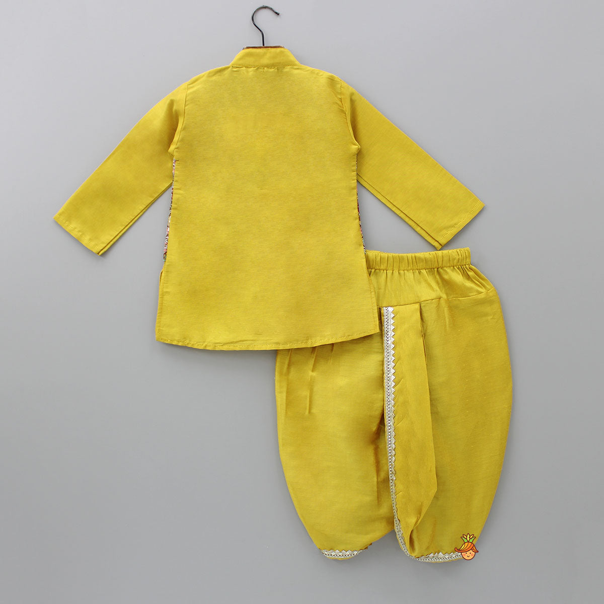 Pre Order: Mustard Kurta With Printed Flap Attached And Dhoti