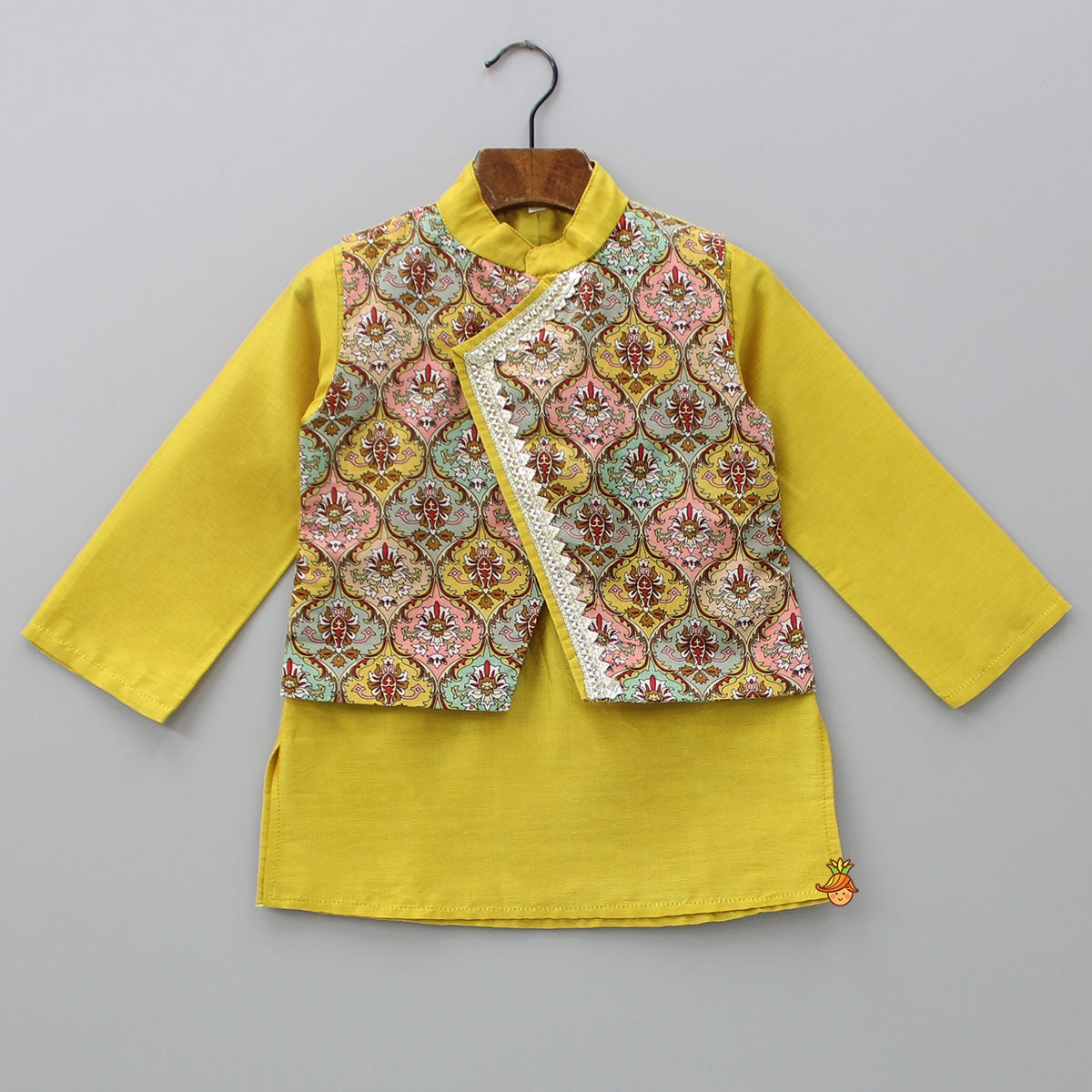 Pre Order: Mustard Kurta With Printed Flap Attached And Dhoti