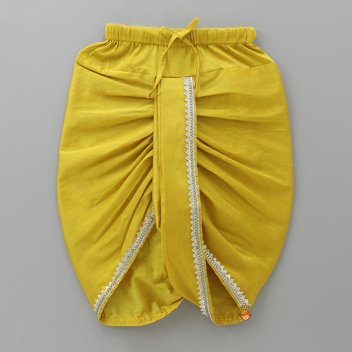 Pre Order: Mustard Kurta With Printed Flap Attached And Dhoti