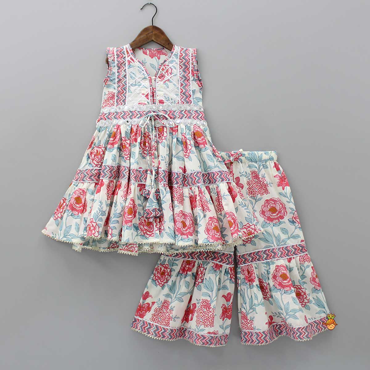 Pre Order: Embroidered Floral-Printed Tiered Kurti And Sharara