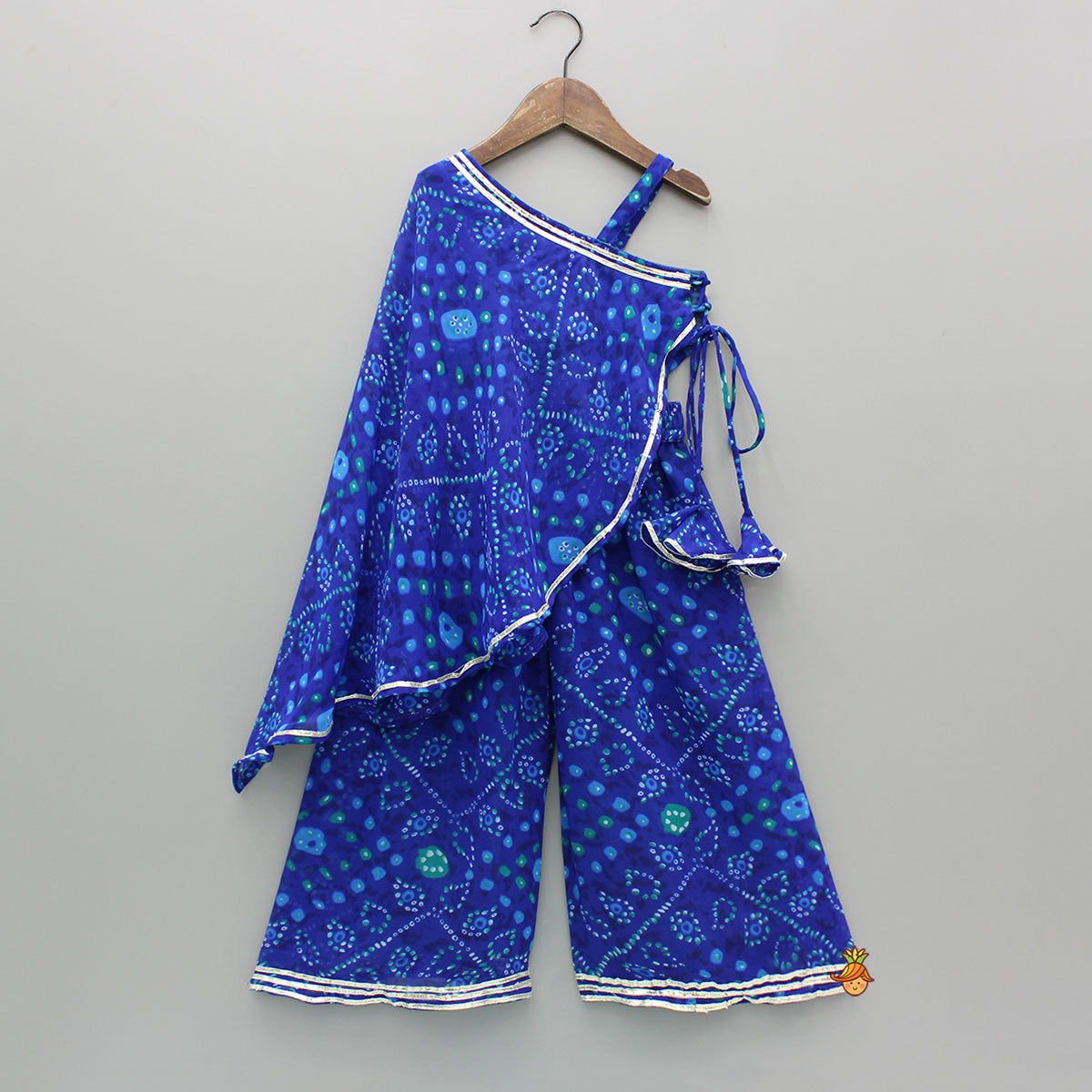 Pre Order: Bandhani Printed One-Shoulder Drape Top And Flared Palazzo