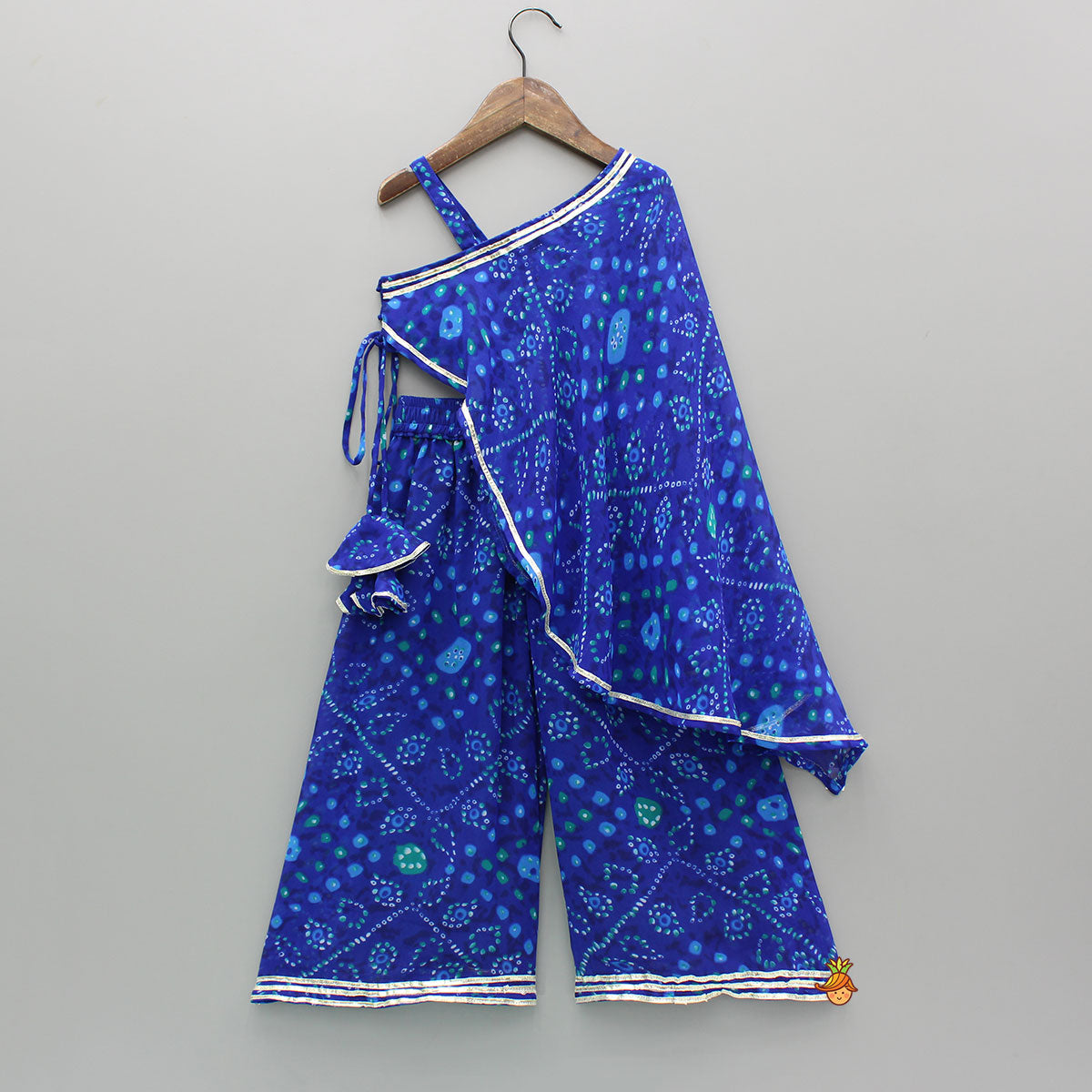 Pre Order: Bandhani Printed One-Shoulder Drape Top And Flared Palazzo