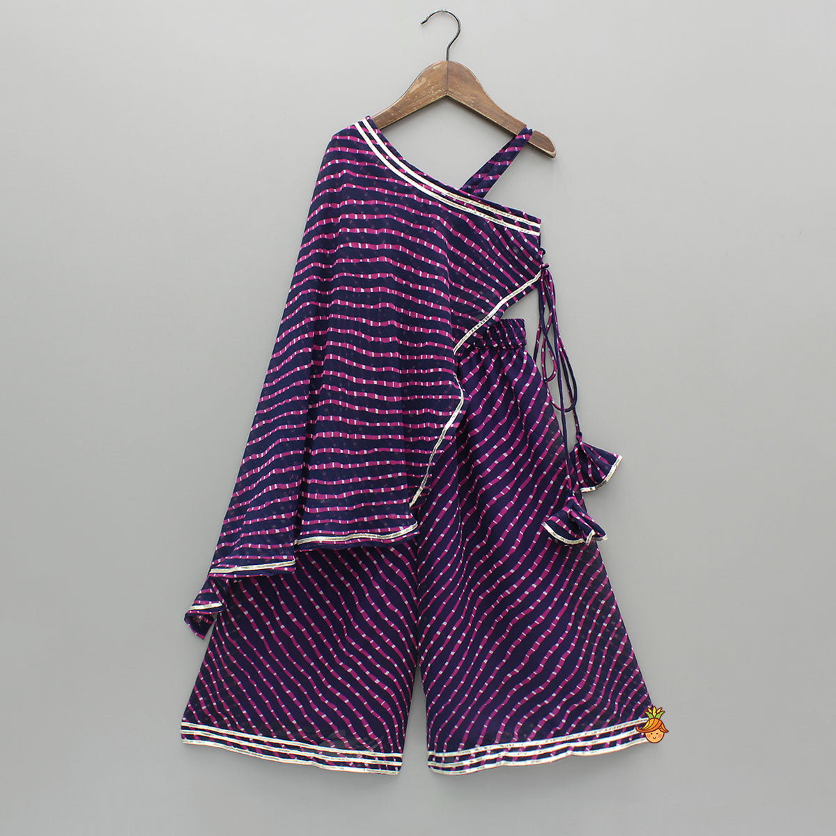 Pre Order: Leheriya Printed One-Shoulder Drape Top And Flared Palazzo