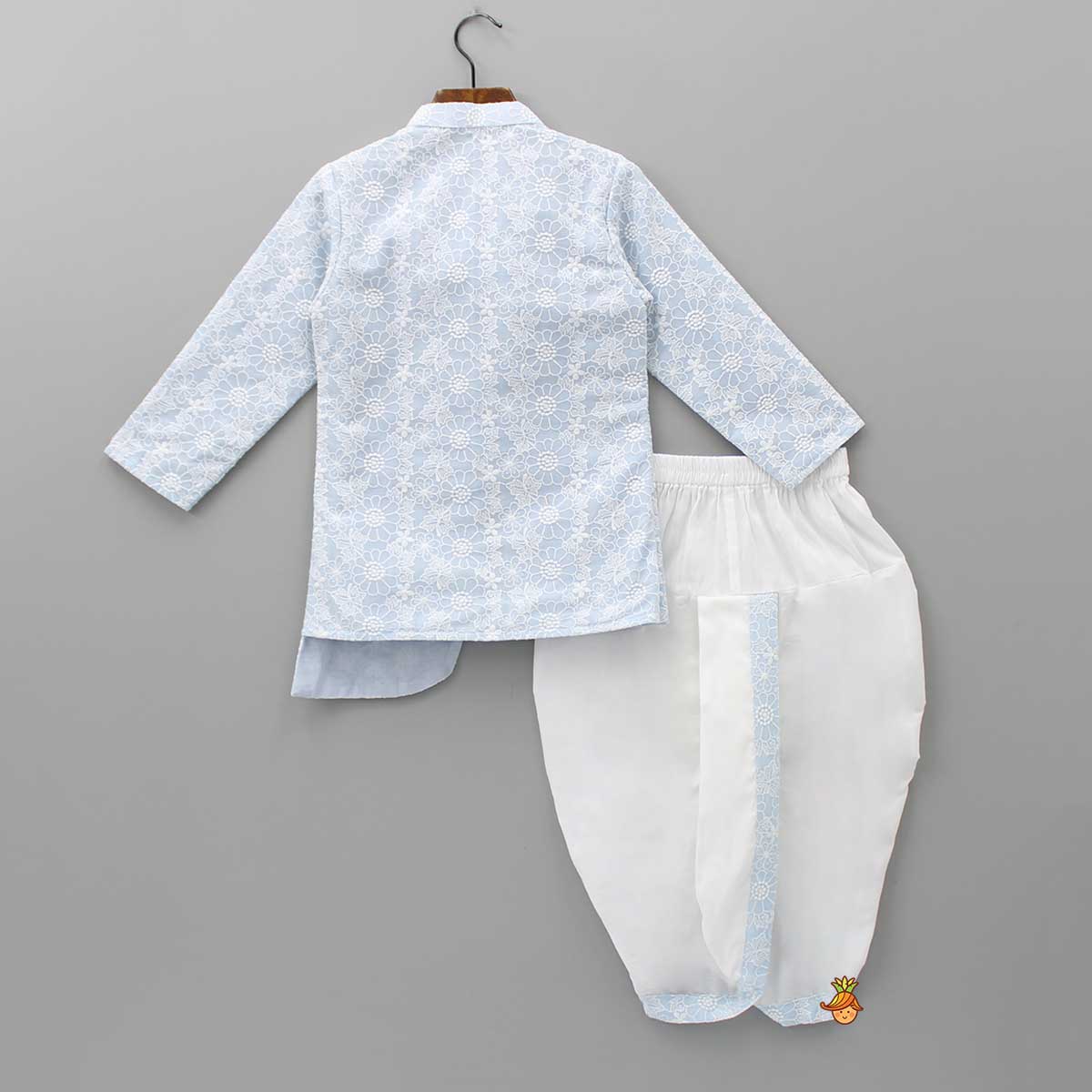 Pre Order: Thread Embroidered Asymmetric Blue Kurta And Dhoti