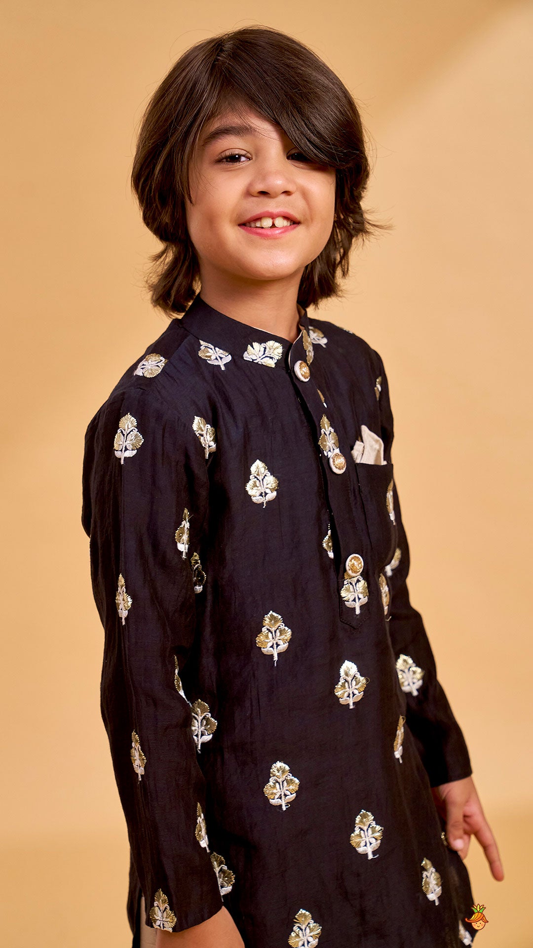 Pre Order: Embroidered Black Kurta And Beige Dhoti