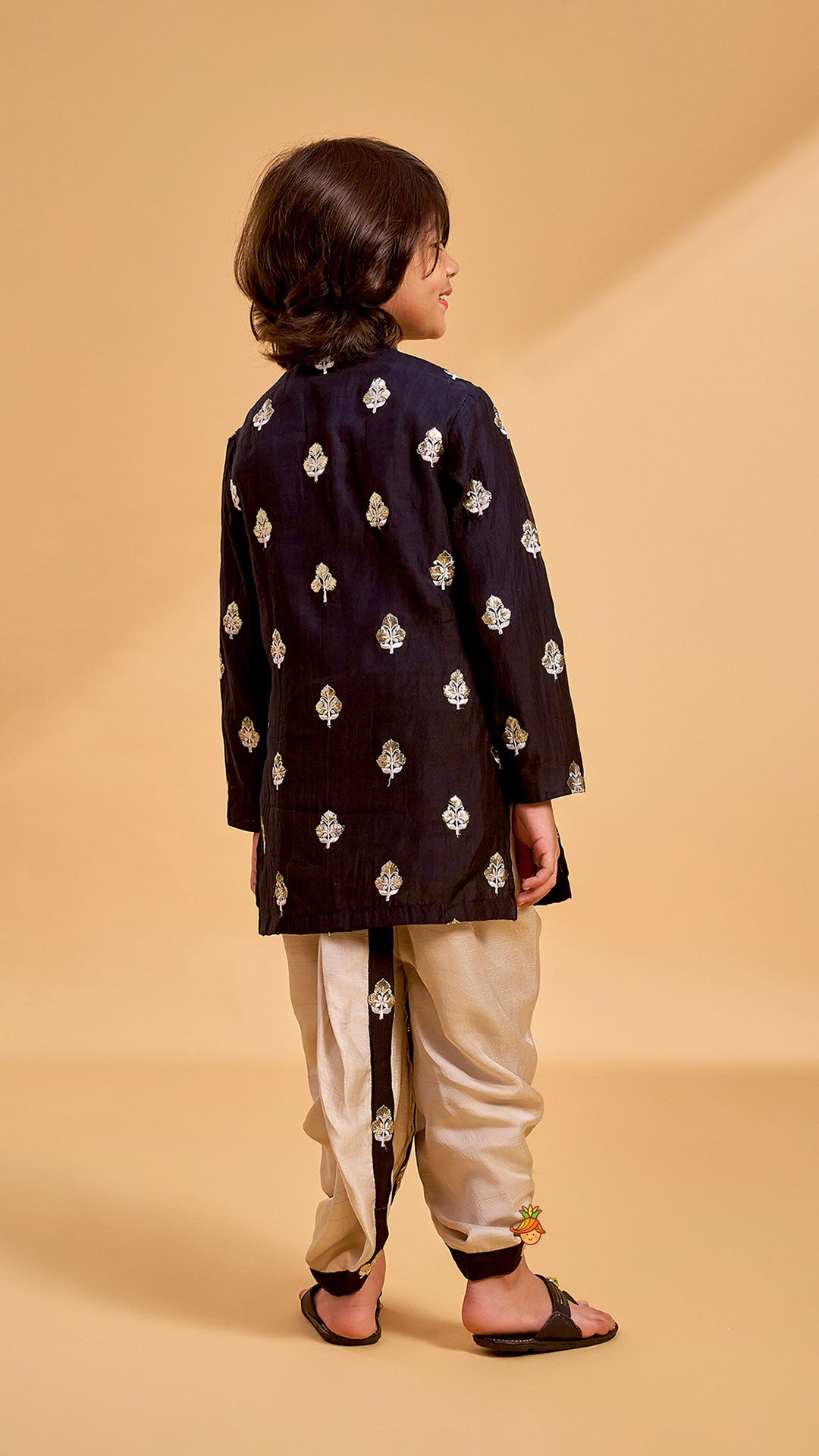 Pre Order: Embroidered Black Kurta And Beige Dhoti