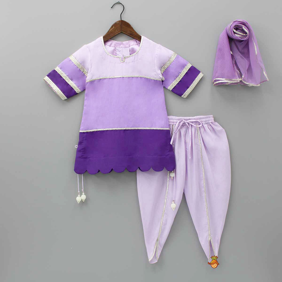 Pre Order: Purple Colour Blocked Lace Work Kurti With Dhoti And Net Dupatta