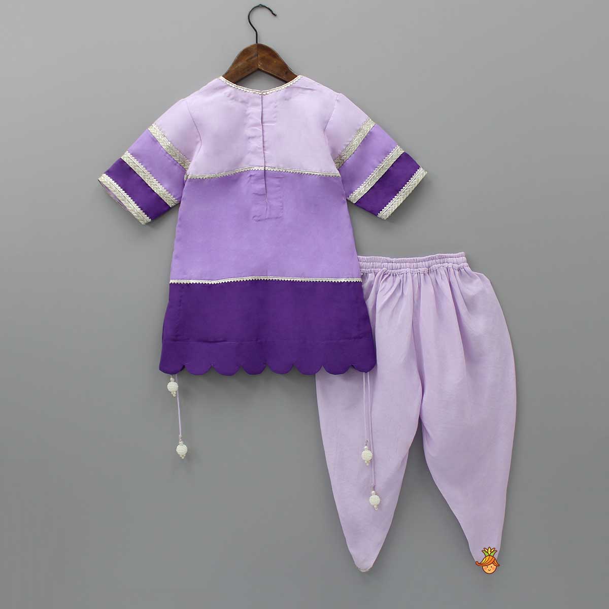 Pre Order: Purple Colour Blocked Lace Work Kurti With Dhoti And Net Dupatta