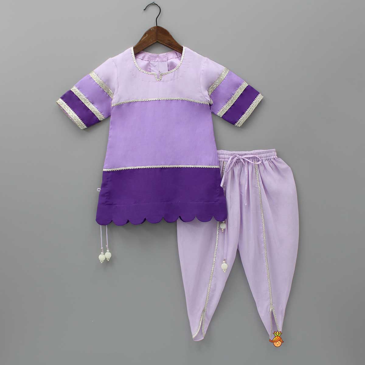 Pre Order: Purple Colour Blocked Lace Work Kurti With Dhoti And Net Dupatta