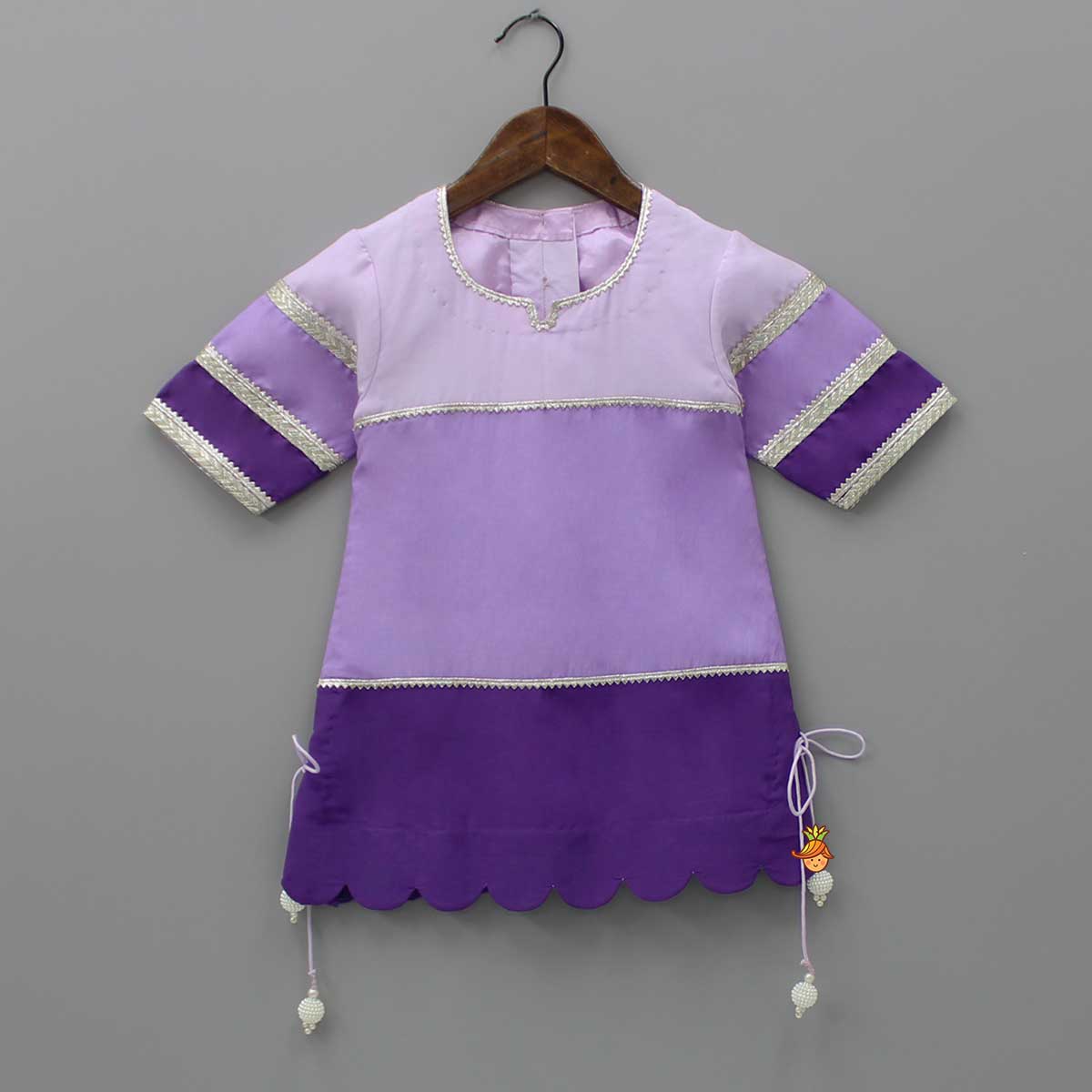 Pre Order: Purple Colour Blocked Lace Work Kurti With Dhoti And Net Dupatta