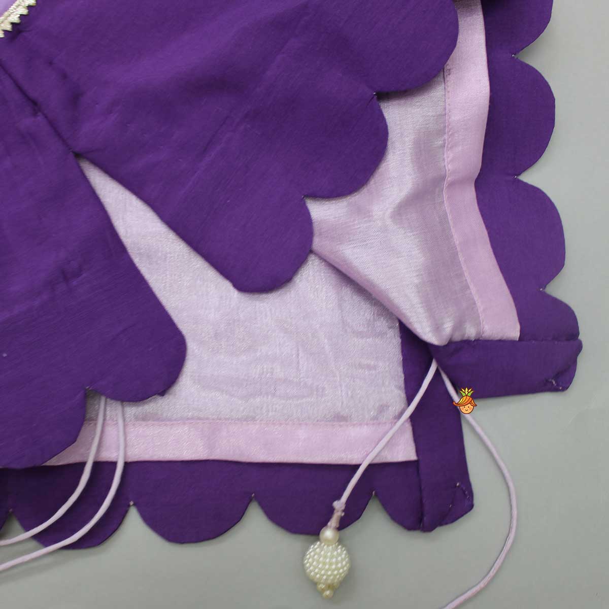 Pre Order: Purple Colour Blocked Lace Work Kurti With Dhoti And Net Dupatta