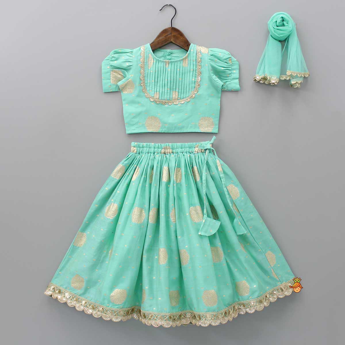 Pre Order: Chanderi Embroidered Green Top And Lehenga With Matching Dupatta