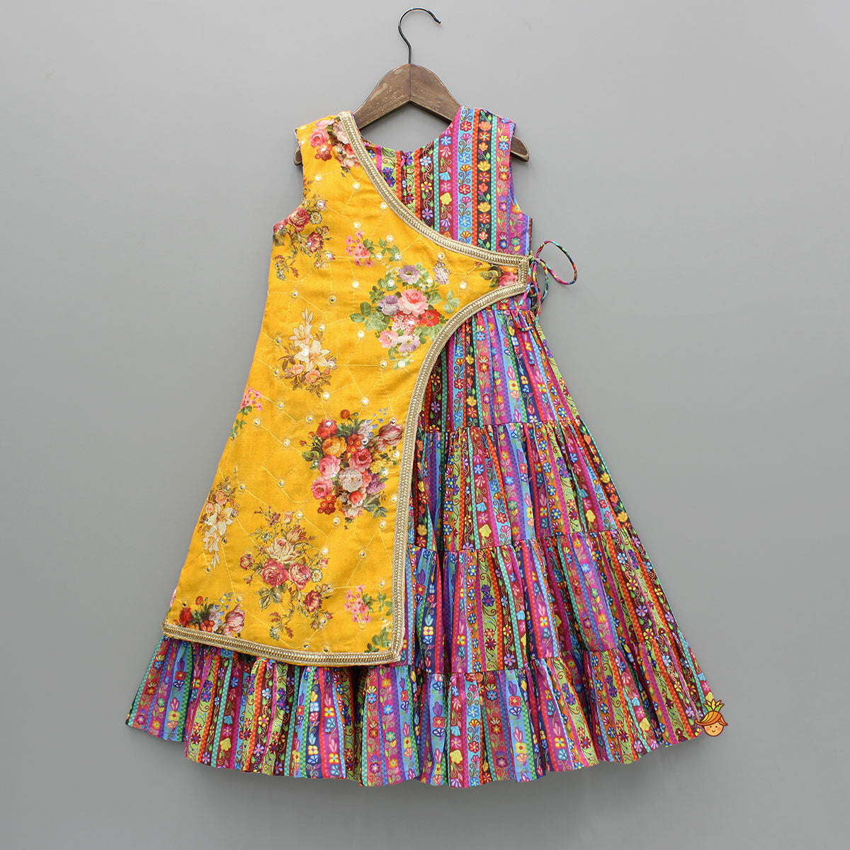 Pre Order: Faux Mirror One-Sided Flap Multicolour Ruffle Kurti