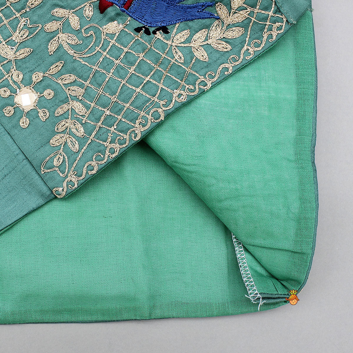 Pre Order: Blue Kurta With Bird Embroidered Green Jacket And Pyjama
