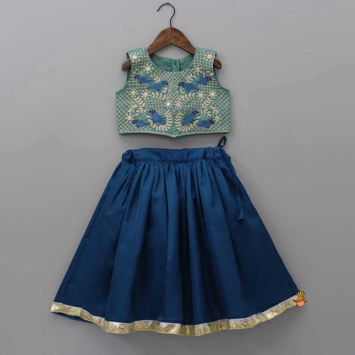 Pre Order: Green Top With Bird Embroidery And Lehenga