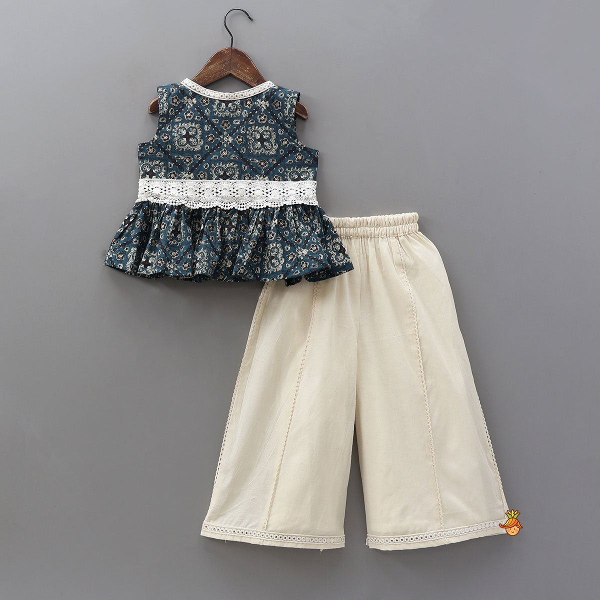 Pre Order: Lace Work Printed Top And Flared Palazzo