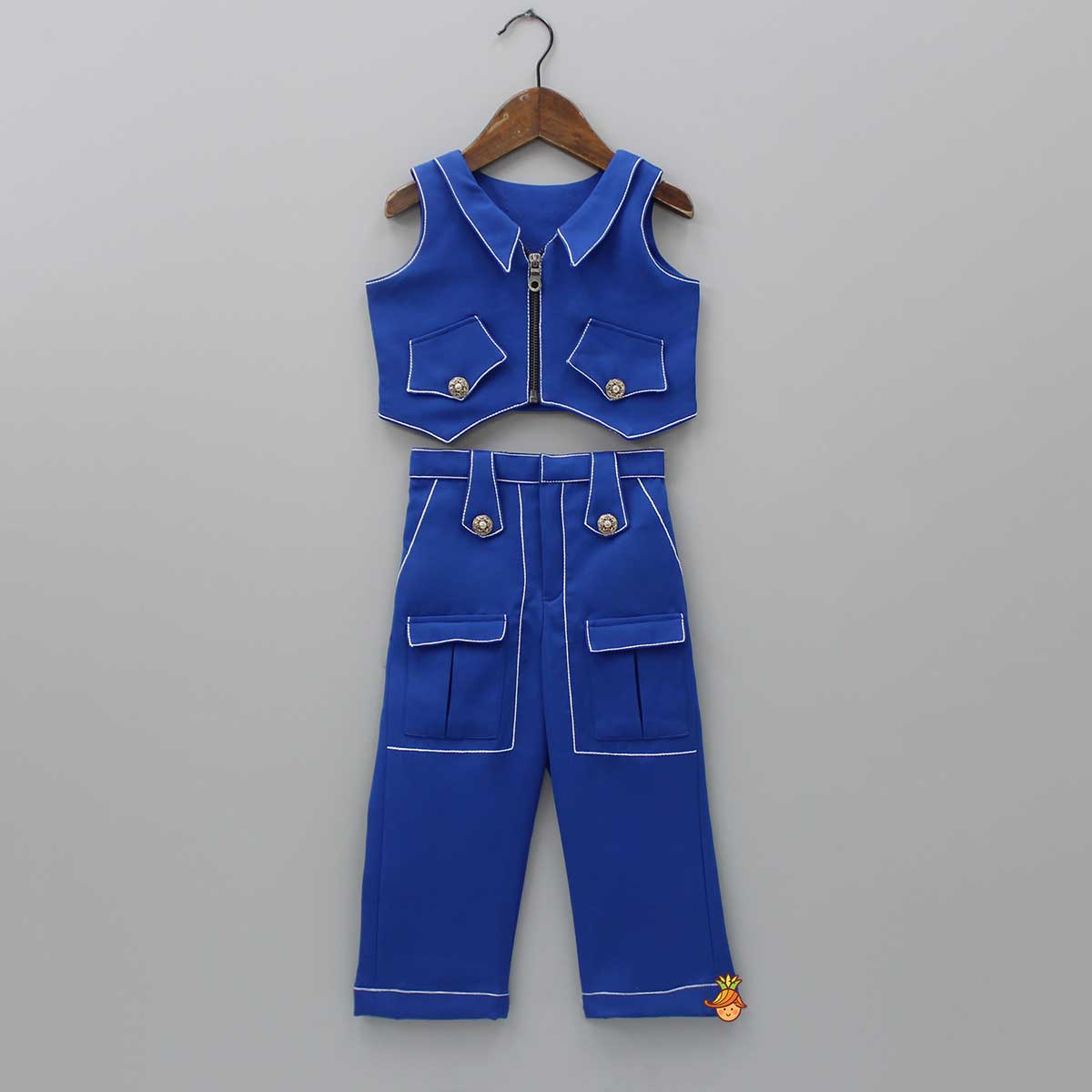 Pre Order: Collar Neck Blue Top And Pocket Detail Pant