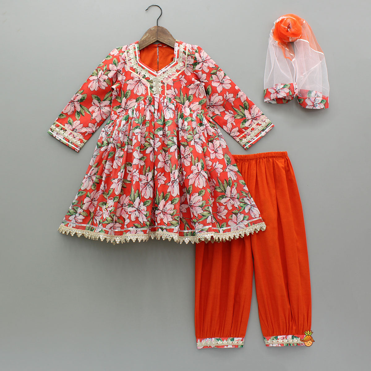 Pre Order: Embroidered Orange Kurti With Pant And Net Dupatta