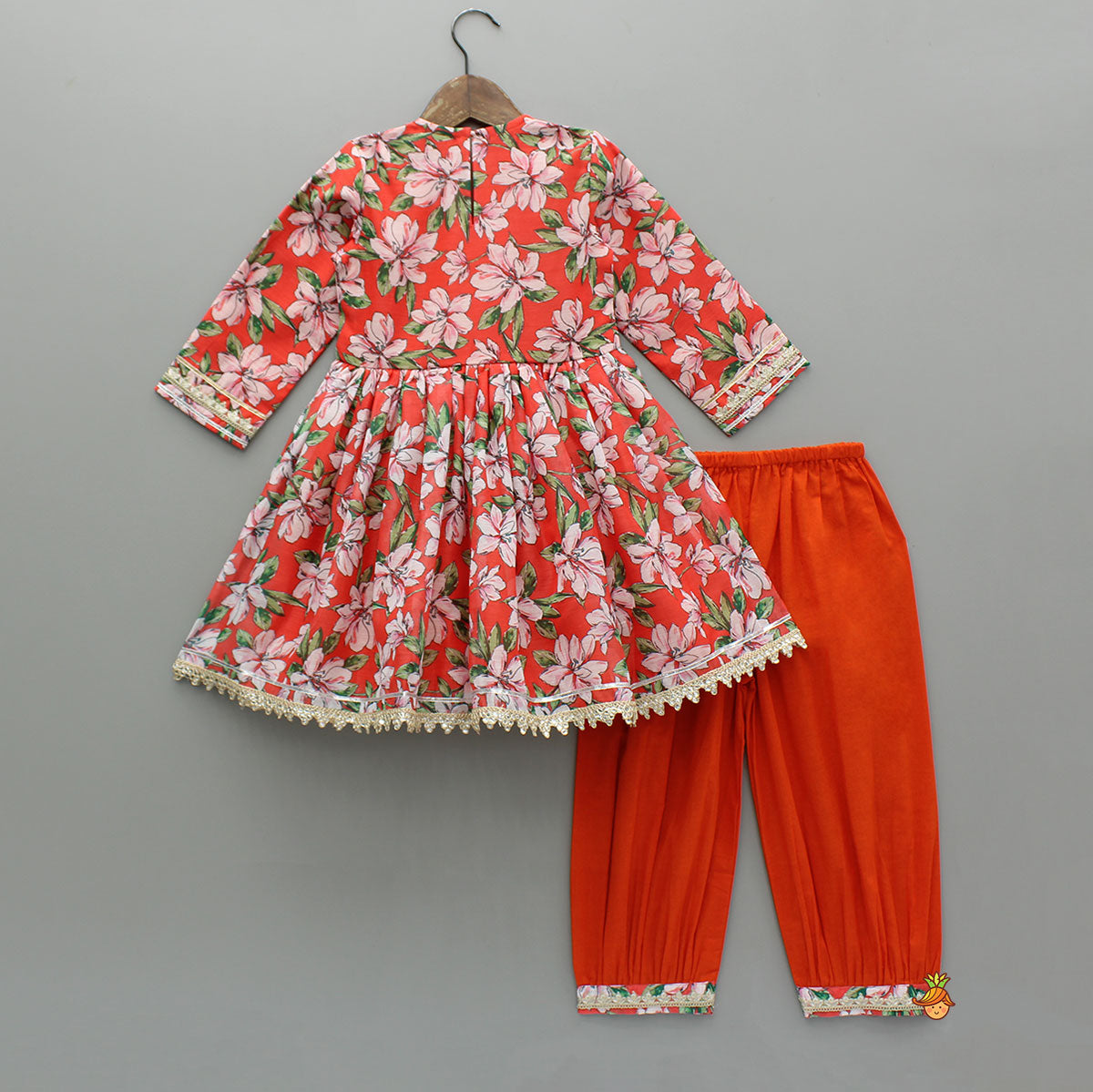 Pre Order: Embroidered Orange Kurti With Pant And Net Dupatta