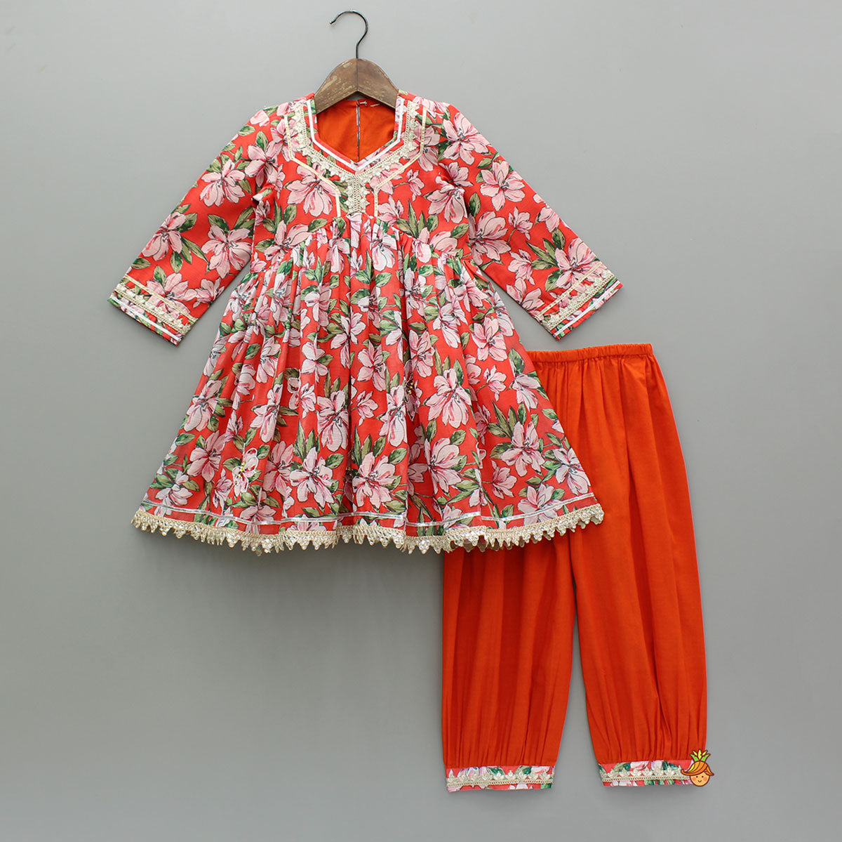 Pre Order: Embroidered Orange Kurti With Pant And Net Dupatta