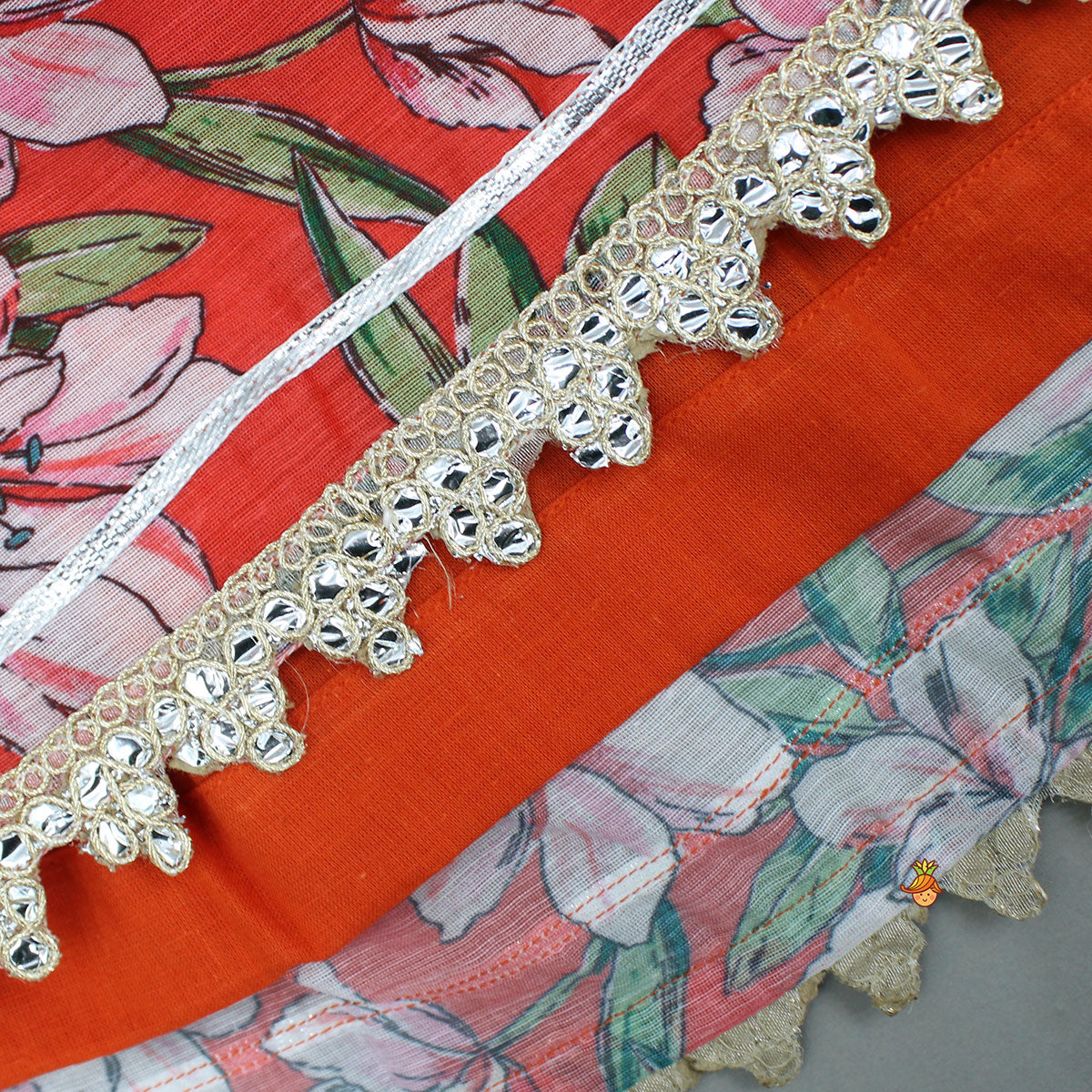 Pre Order: Embroidered Orange Kurti With Pant And Net Dupatta