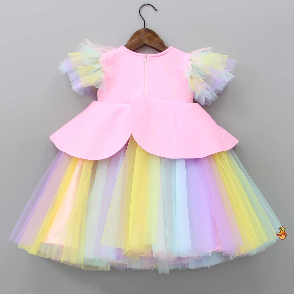 Pre Order: Pink Dress With Multicolour Net and Unicorn Beaded Brooch