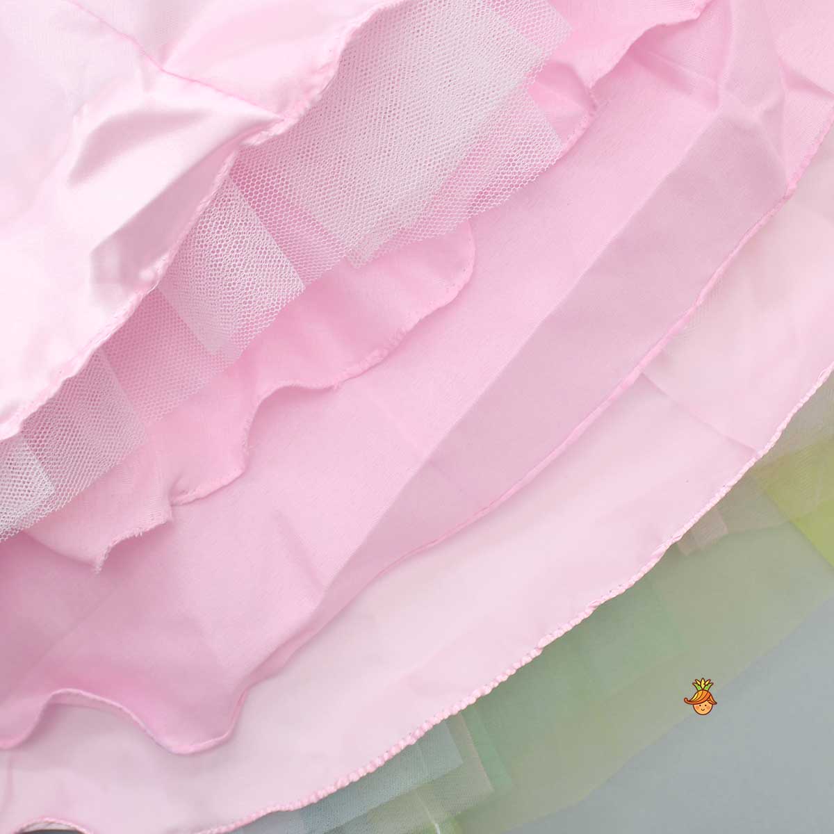 Pre Order: Pink Dress With Multicolour Net and Unicorn Beaded Brooch