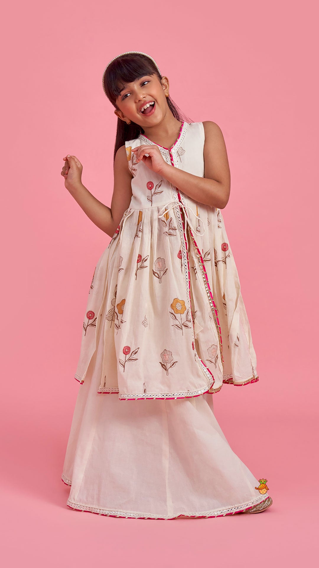 Pre Order: Floral Embroidered Front Open Tie Up Pleated Kurti With Lehenga