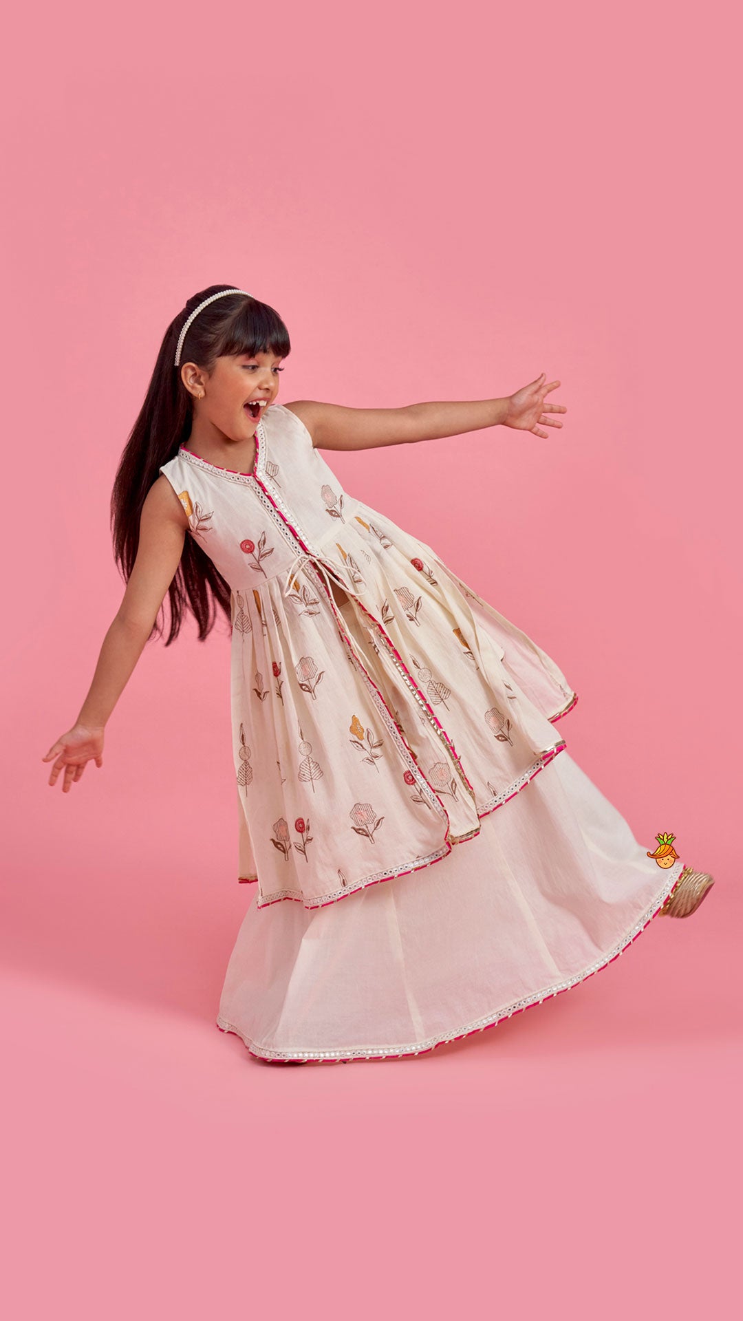 Pre Order: Floral Embroidered Front Open Tie Up Pleated Kurti With Lehenga
