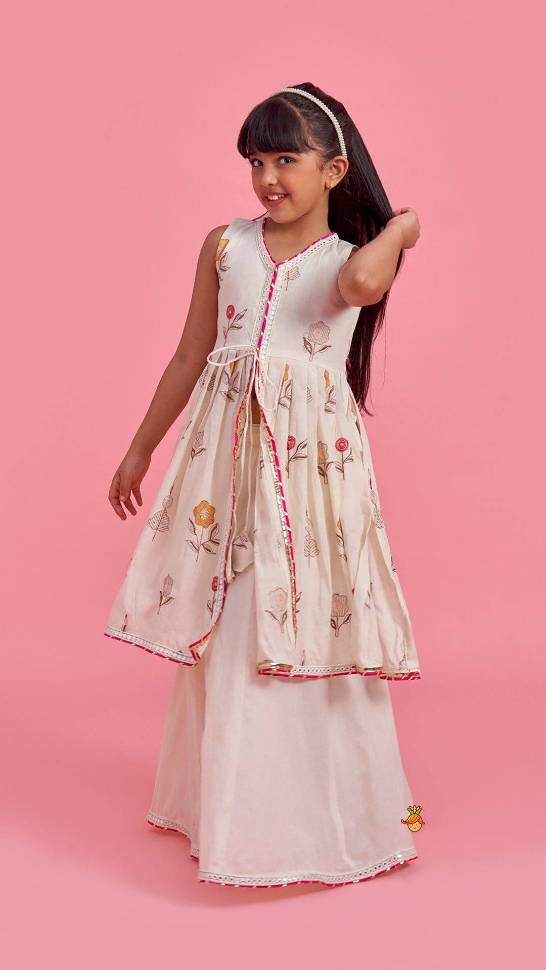 Pre Order: Floral Embroidered Front Open Tie Up Pleated Kurti With Lehenga