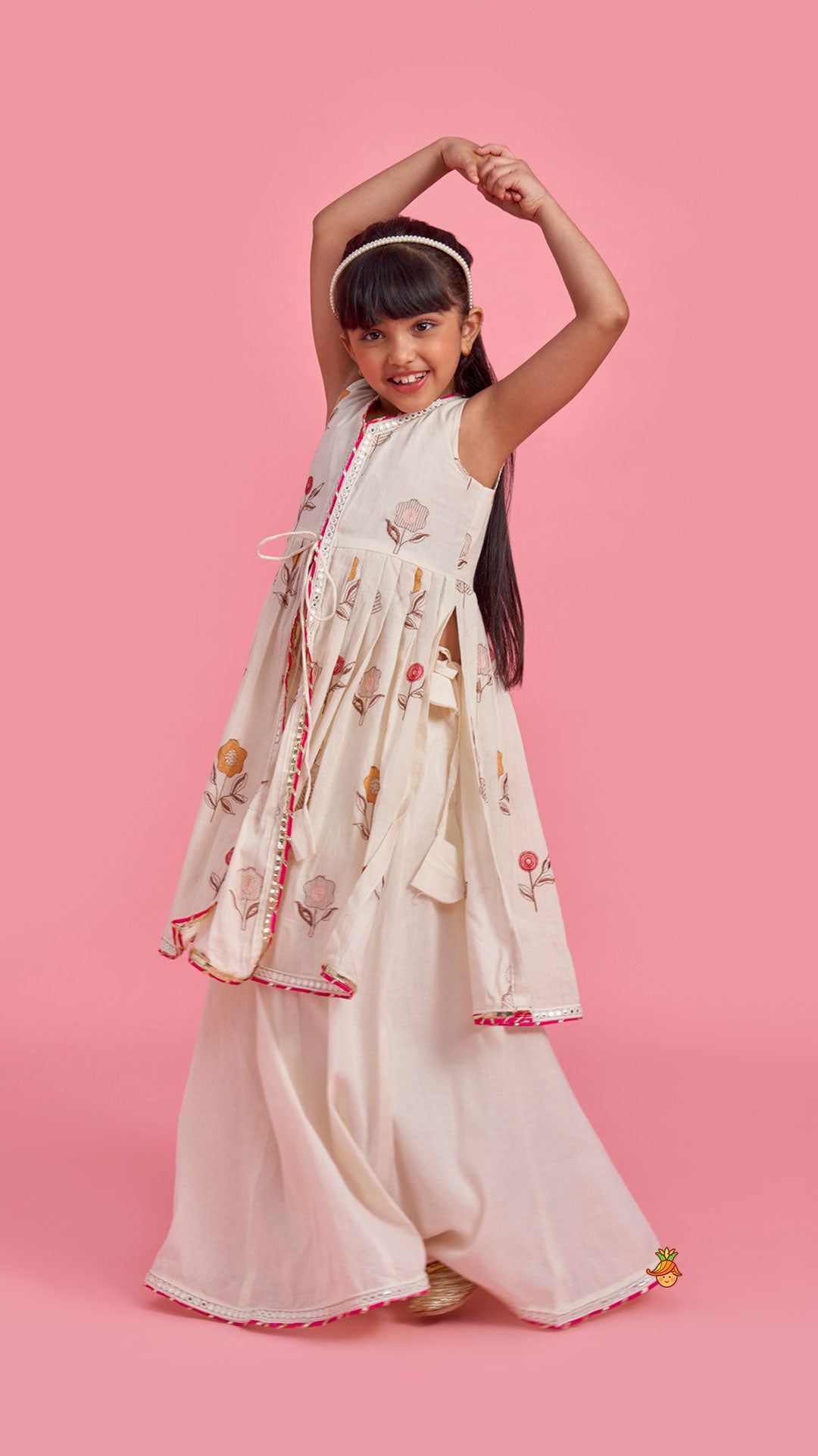 Pre Order: Floral Embroidered Front Open Tie Up Pleated Kurti With Lehenga