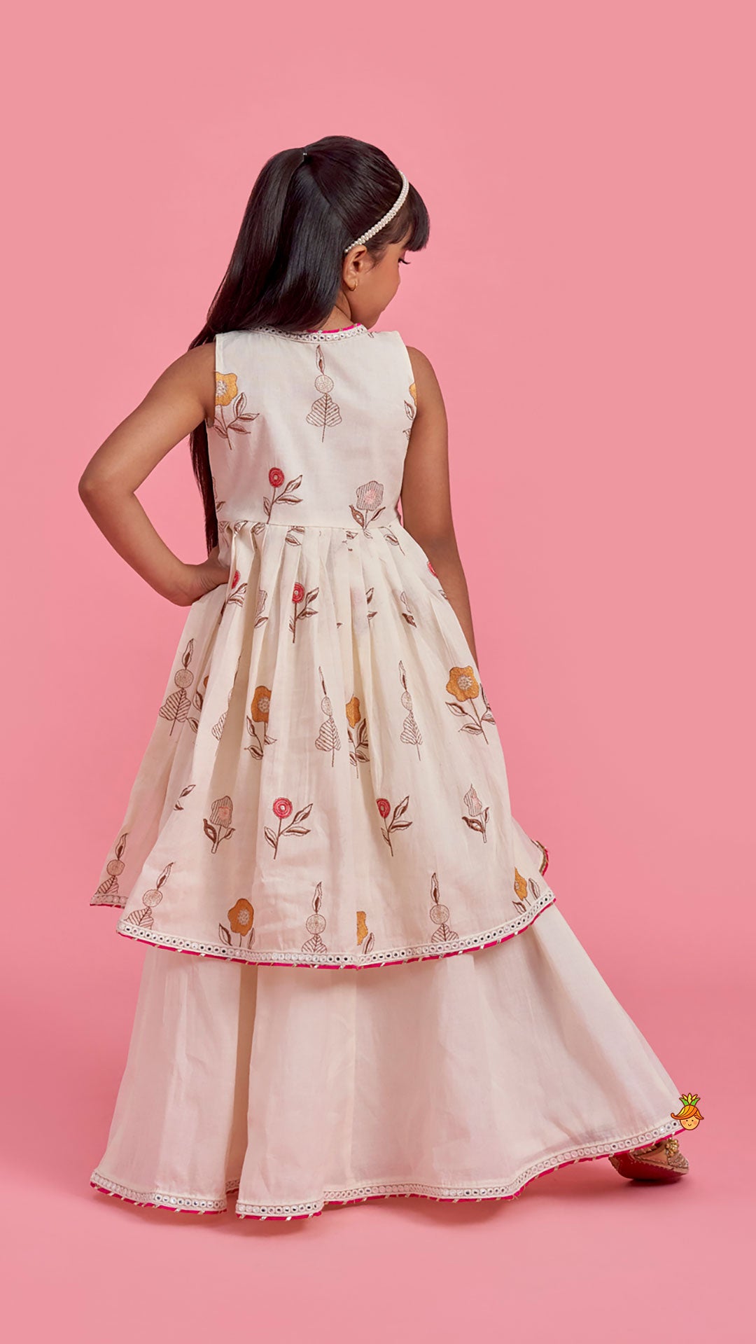 Pre Order: Floral Embroidered Front Open Tie Up Pleated Kurti With Lehenga