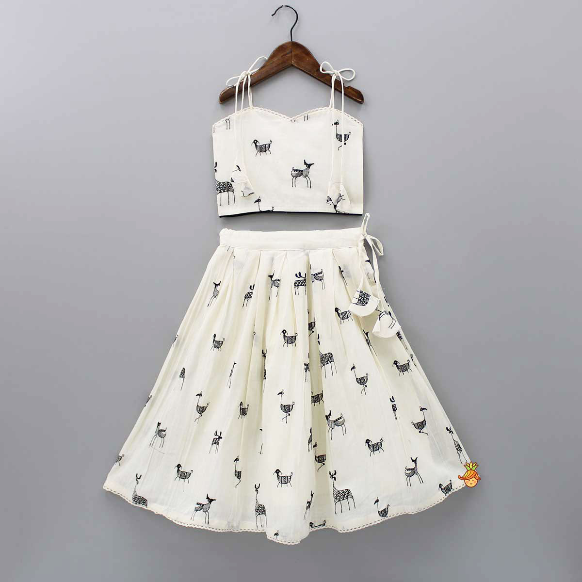 Pre Order: Animal Embroidered Stylish Tie Knot Strap Top And Lehenga