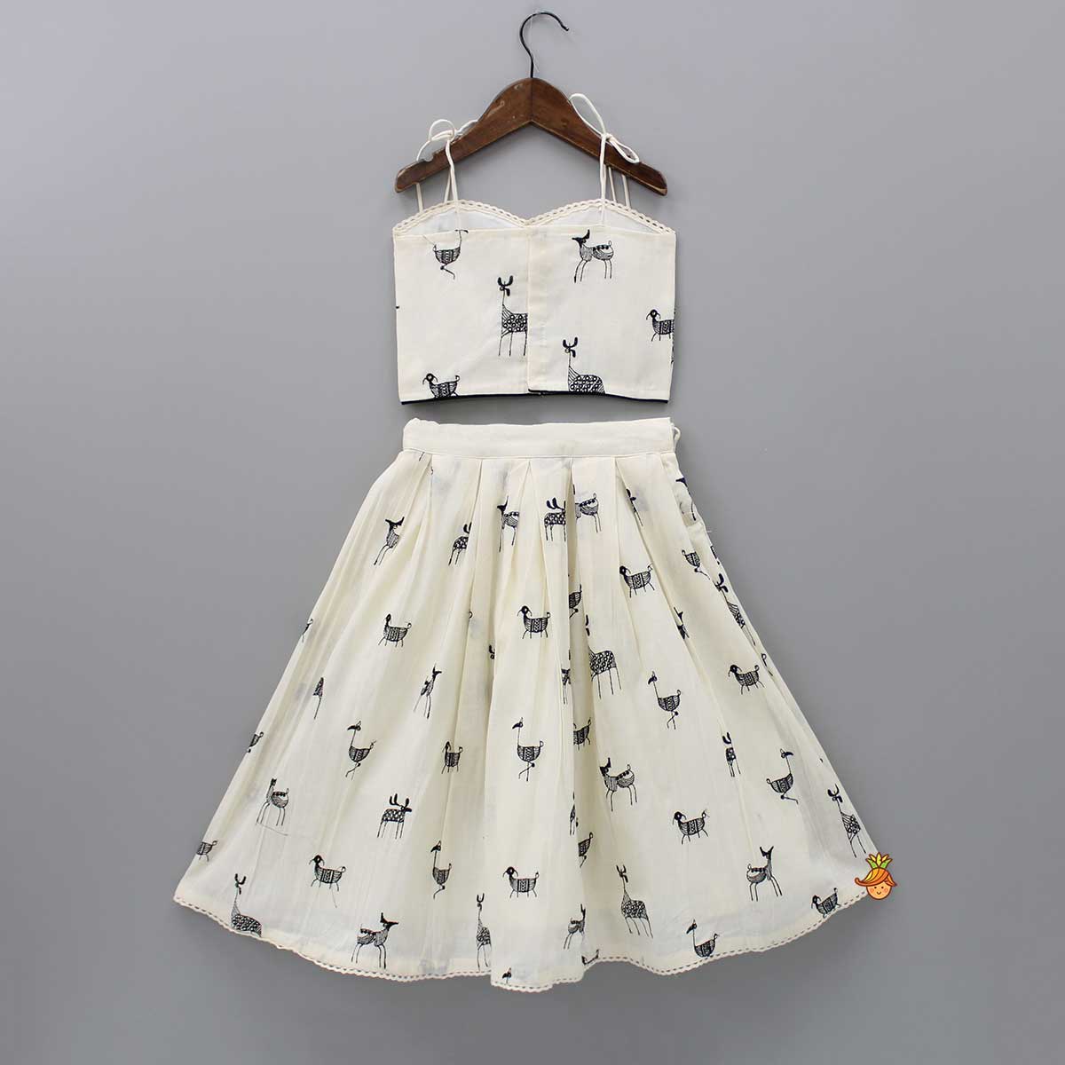 Pre Order: Animal Embroidered Stylish Tie Knot Strap Top And Lehenga