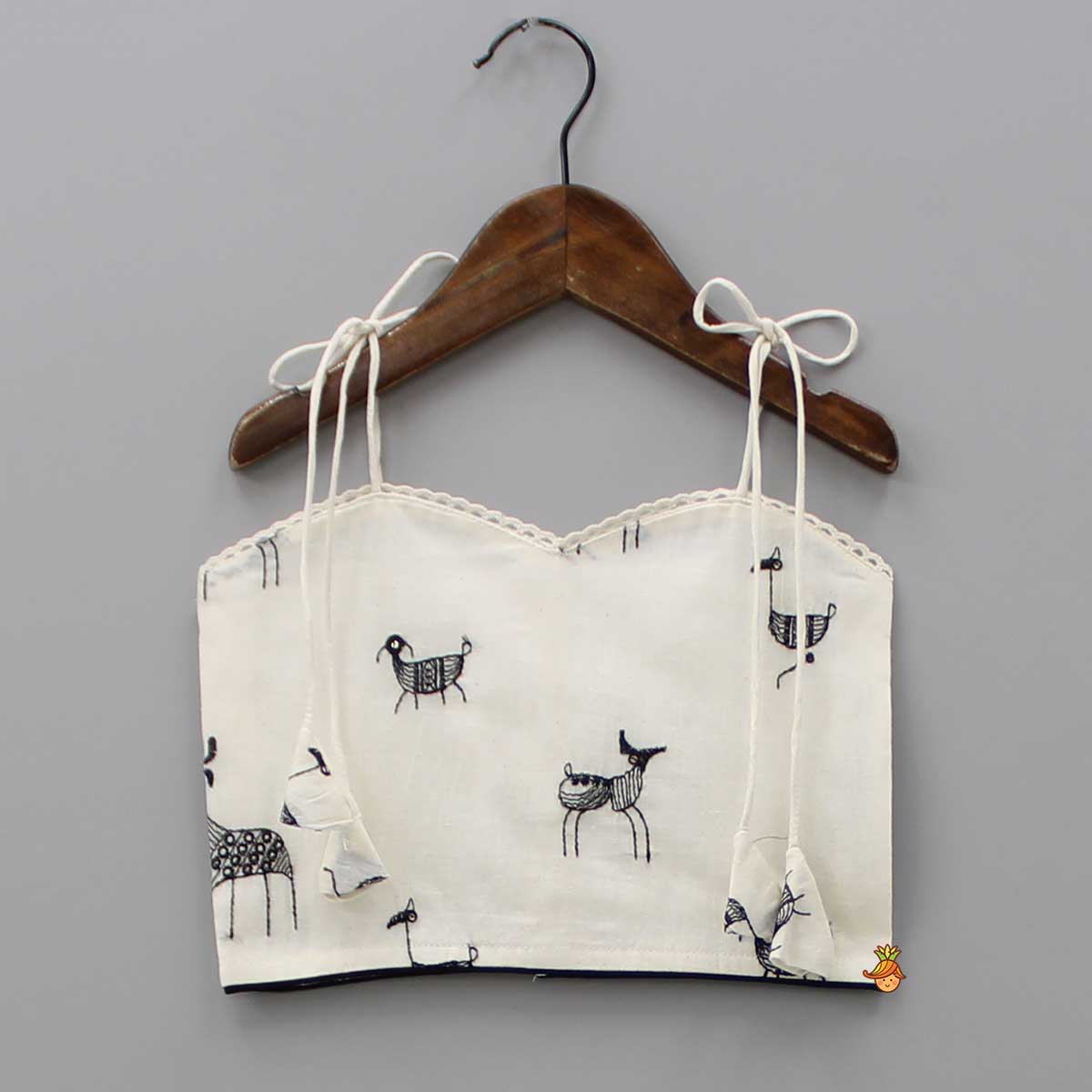 Pre Order: Animal Embroidered Stylish Tie Knot Strap Top And Lehenga