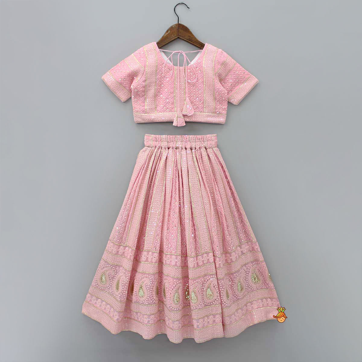 Pre Order: Embroidered Top And Lehenga With Matching Potli And Net Dupatta