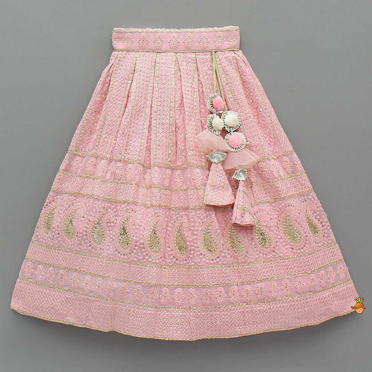 Pre Order: Embroidered Top And Lehenga With Matching Potli And Net Dupatta