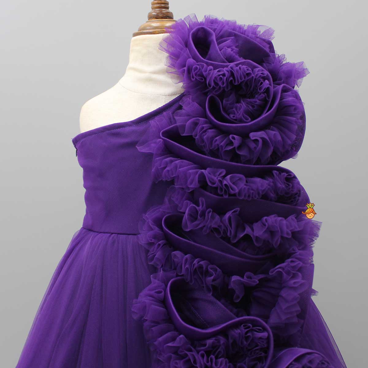 Pre Order: Purple One Shoulder Ruffle Net Gown