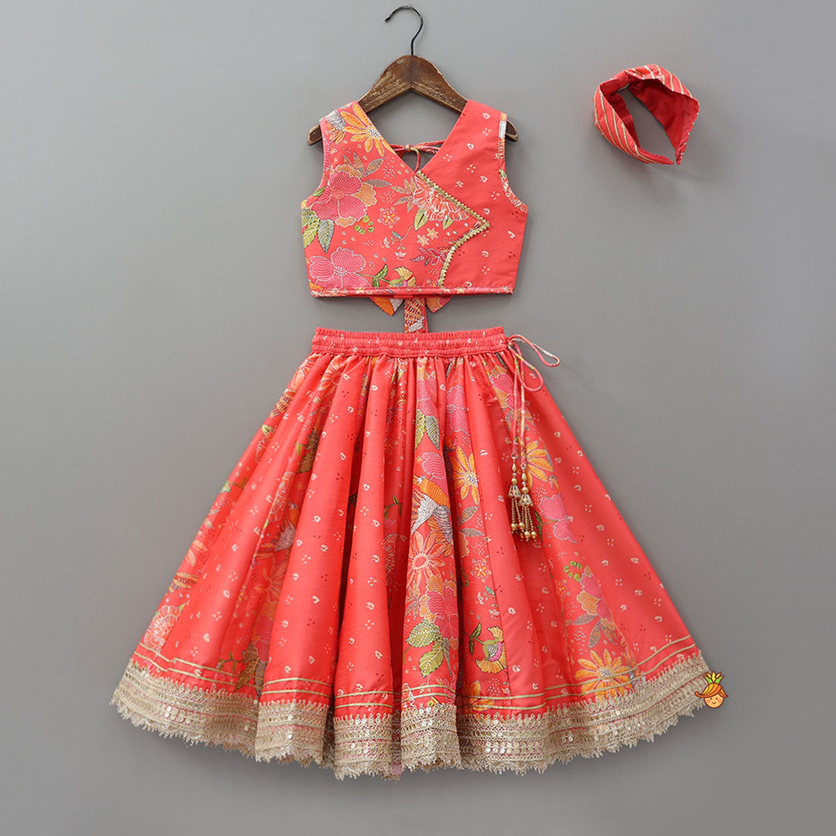 Pre Order: V Neck Top And Printed Lehenga With Hair Band