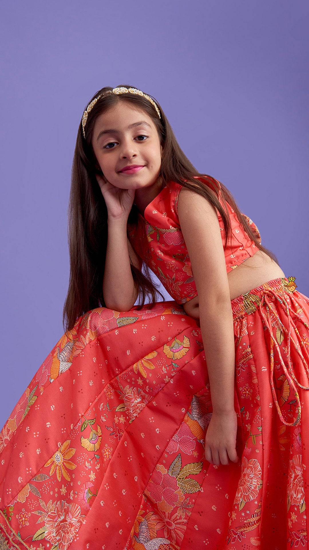 Pre Order: V Neck Top And Printed Lehenga With Hair Band