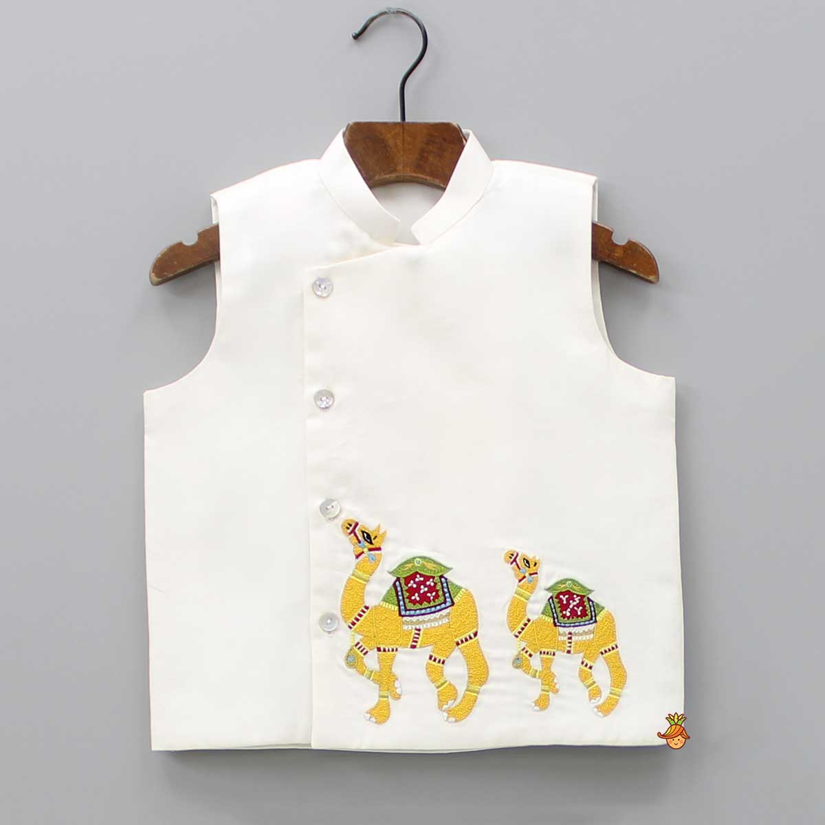 Pre Order: Mustard Kurta With Camel Embroidered Jacket And Pyjama