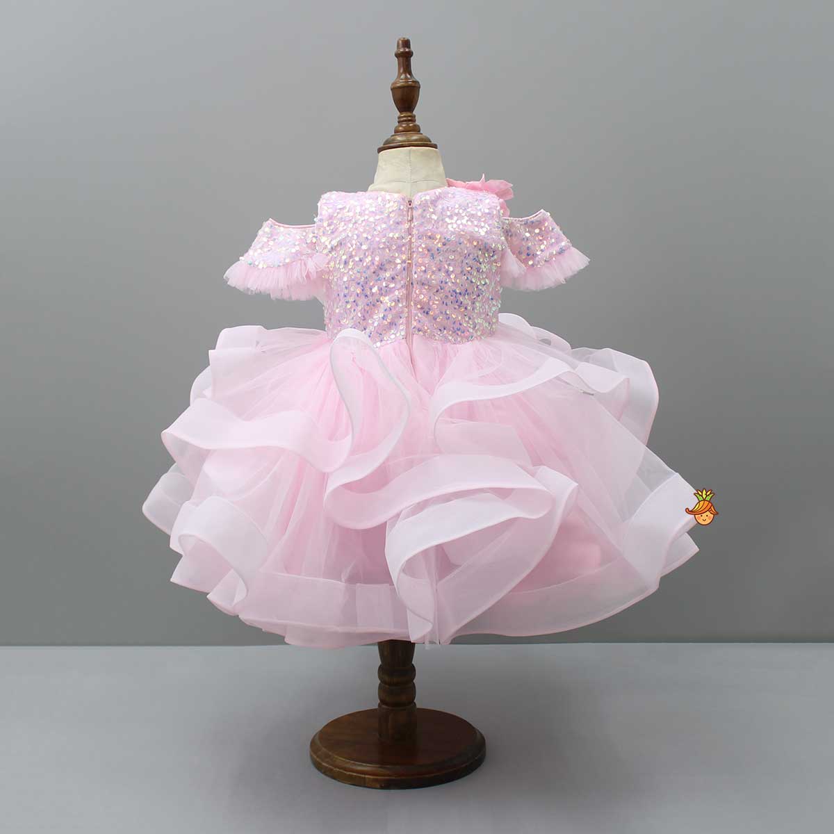 Pre Order: Sequin Detail Yoke Layered Ruffle Net Pink Dress