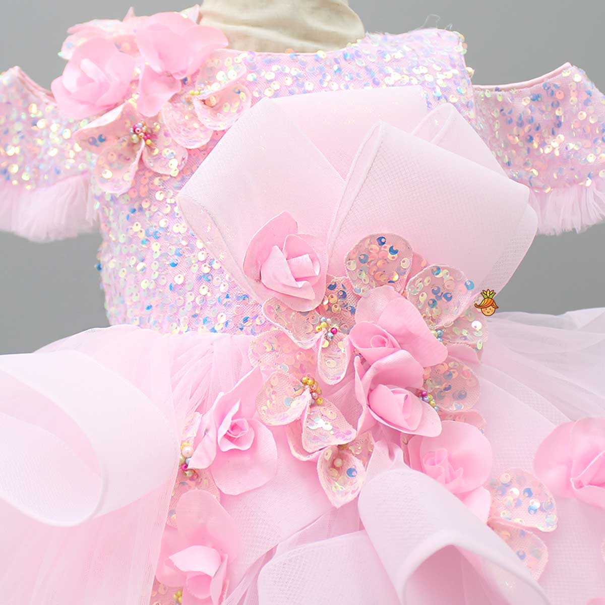 Pre Order: Sequin Detail Yoke Layered Ruffle Net Pink Dress