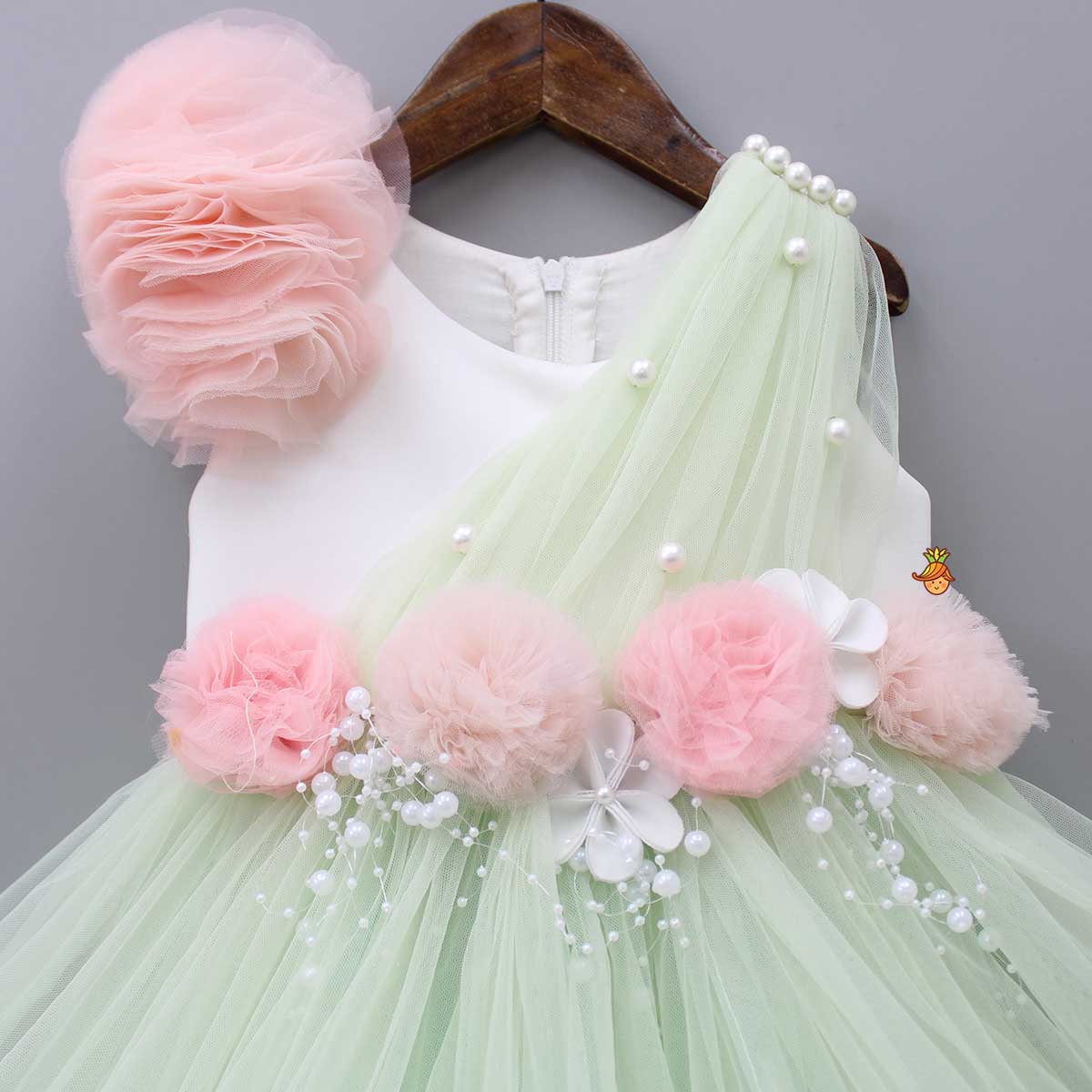 Pre Order: Pearl Detail Flared Green High Low Gown