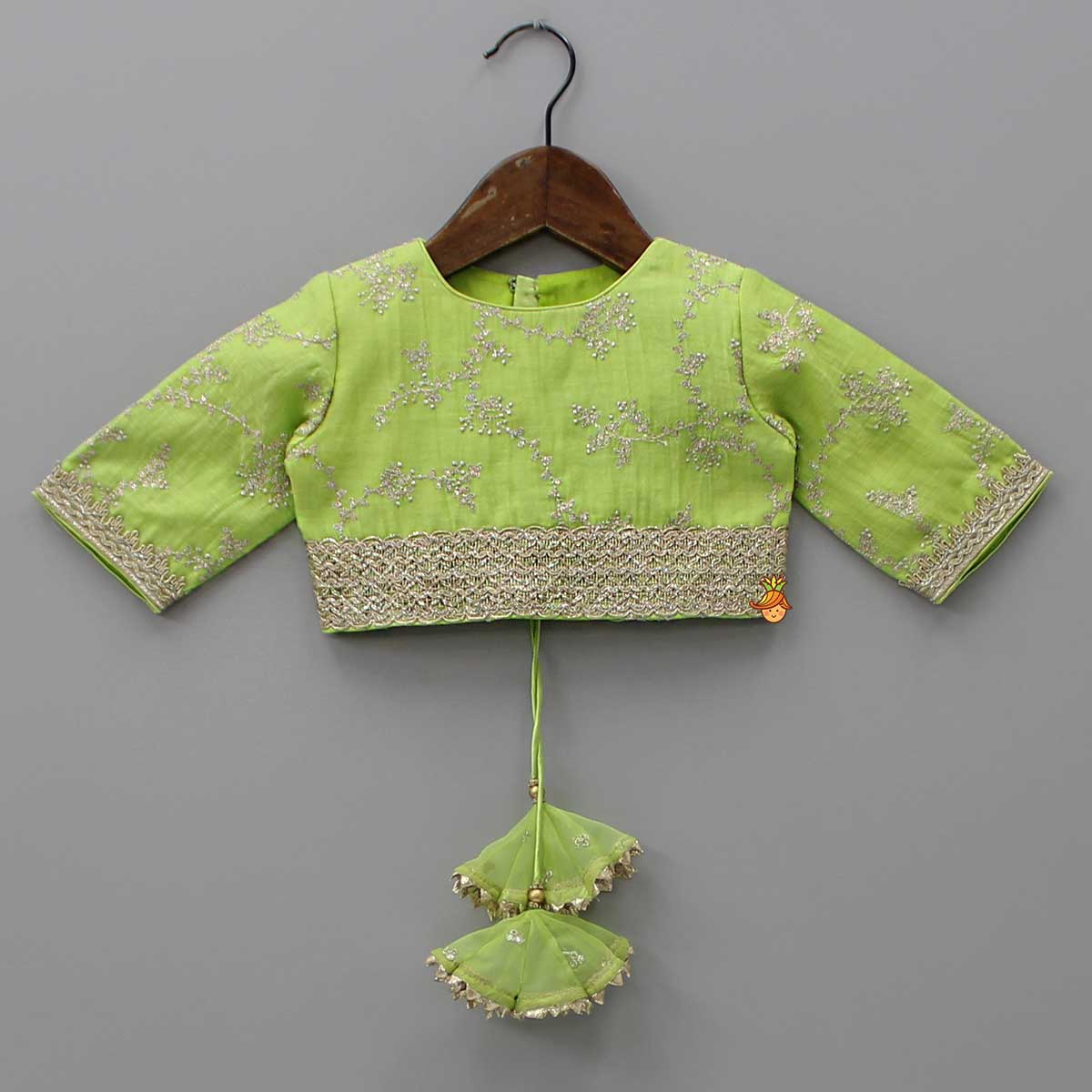 Pre Order: Green Embroidered Lacework Top With Lehenga And Attached Dupatta